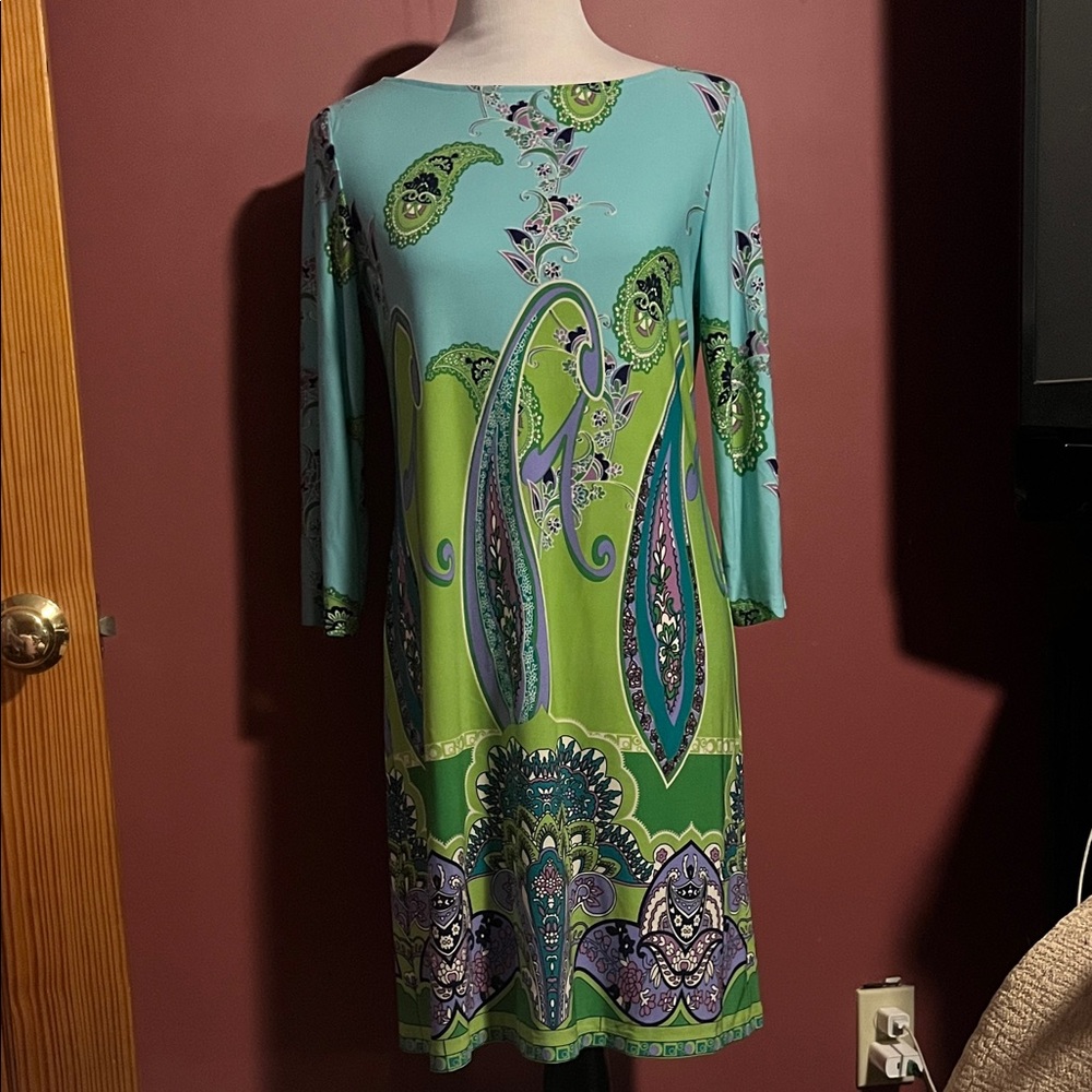 London Times Long Sleeve Dress in Green and Blue Paisley 10